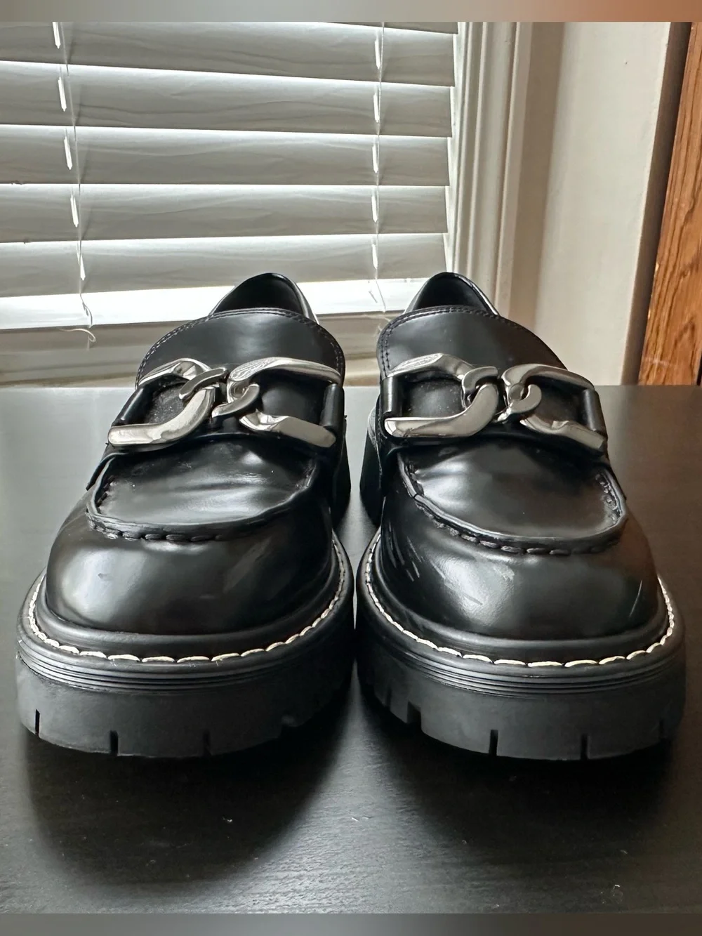 Marc Fisher Black Chunky Loafer with Silver Chain size 7.5